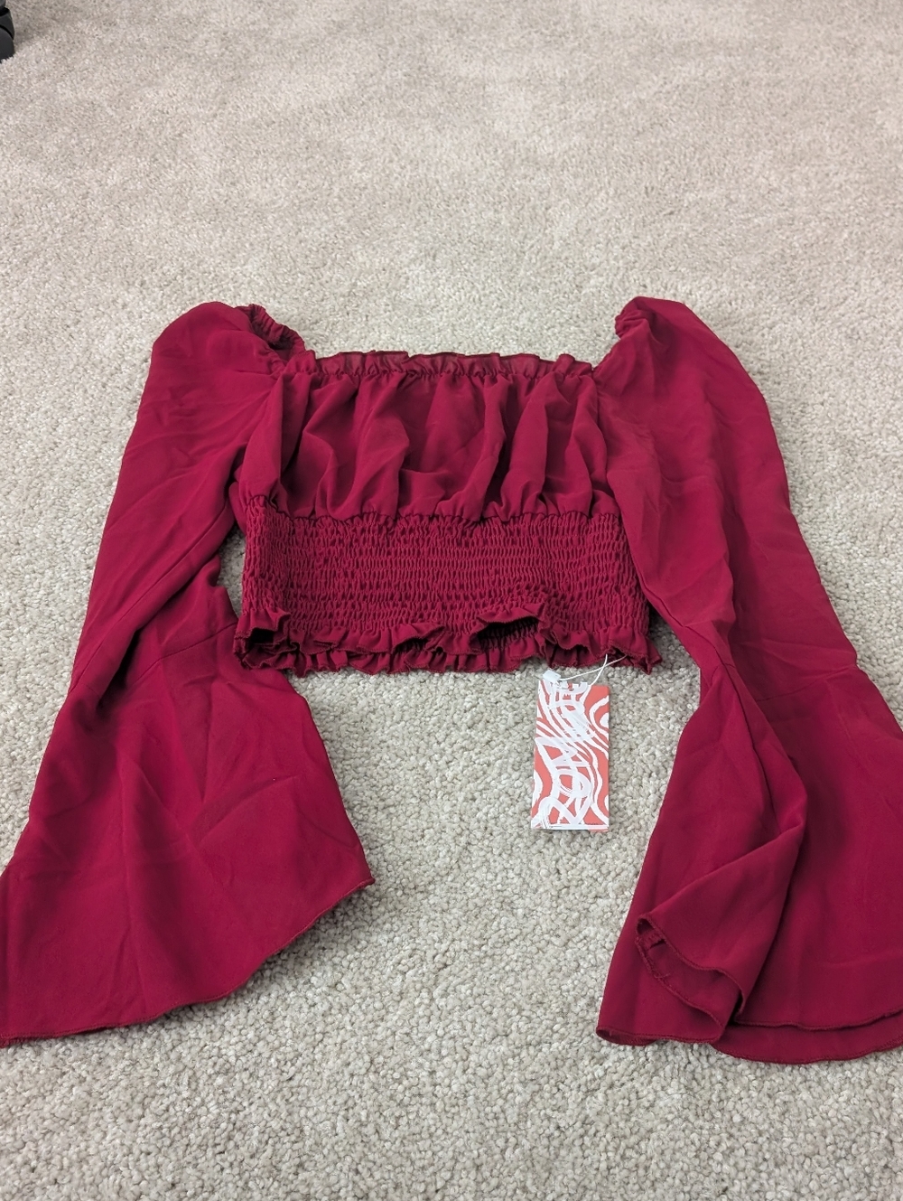 NWT Red Cropped Long Bell Sleeve Top Medium